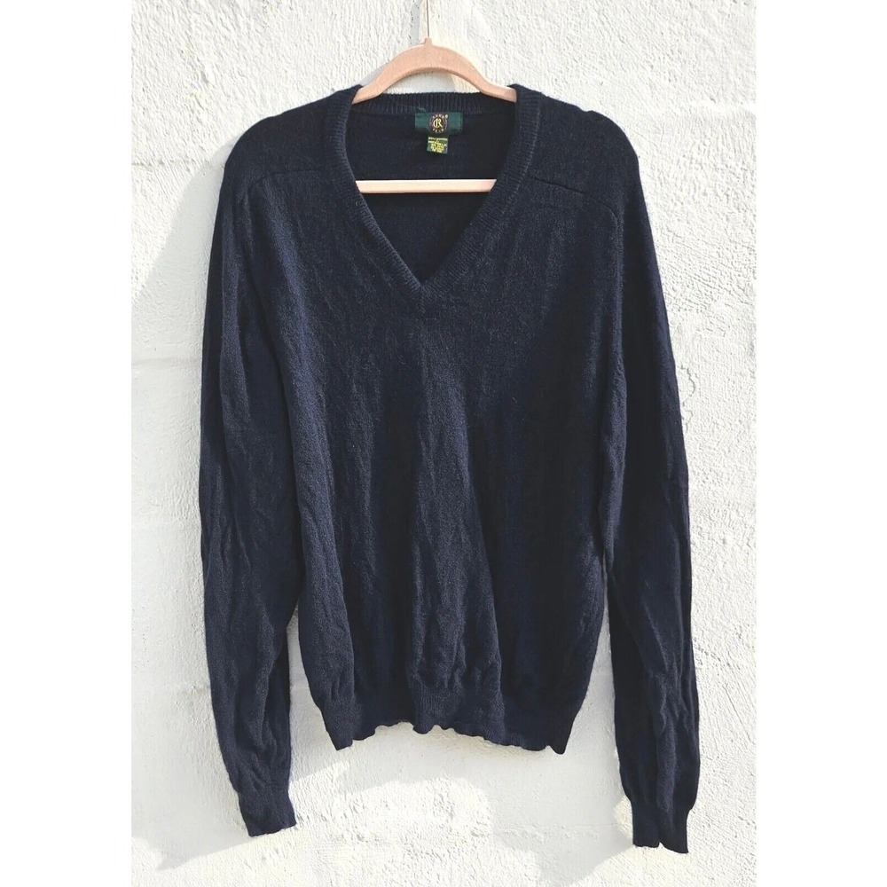 Mens‎ 100% Cashmere Sweater Large Navy Blue V Neck Pullover Preppy Dark Academia